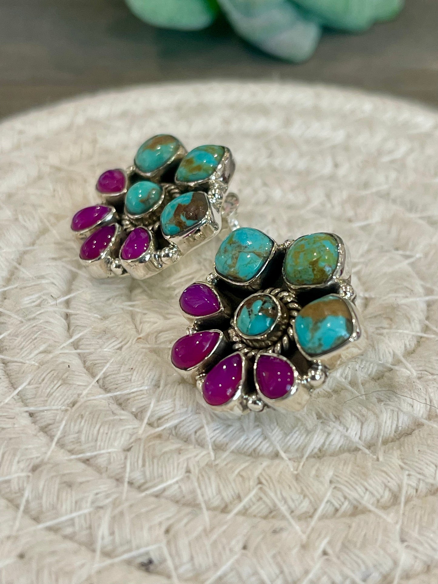 Handmade Sterling Silver, Pink Onyx and Turquoise Post Cluster Earrings