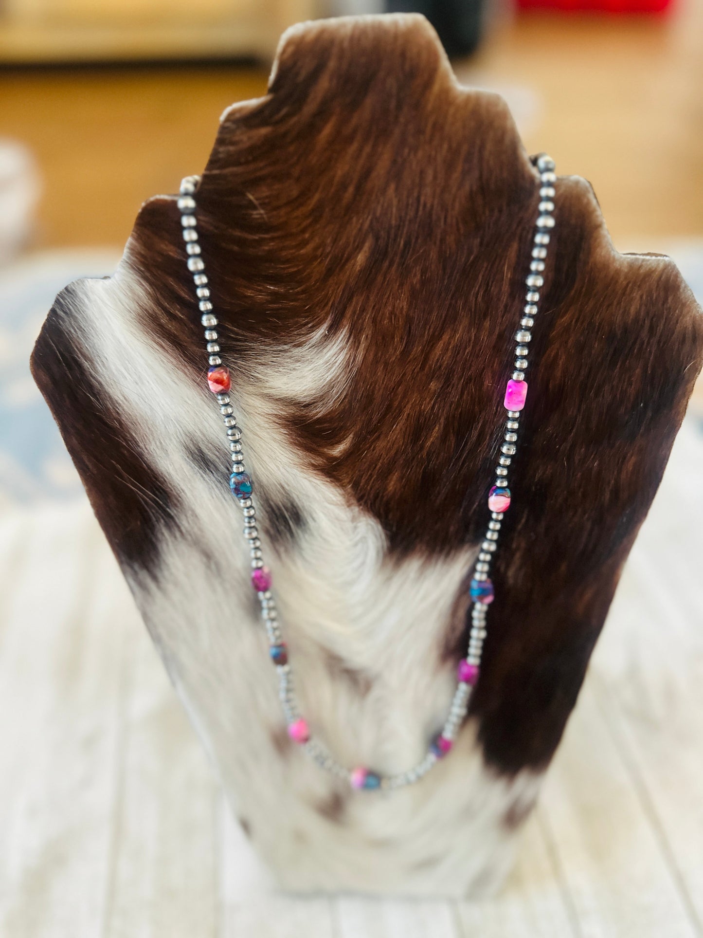 Handcrafted Sterling Silver & Pink Dream Mojave  Beaded 24” Necklace