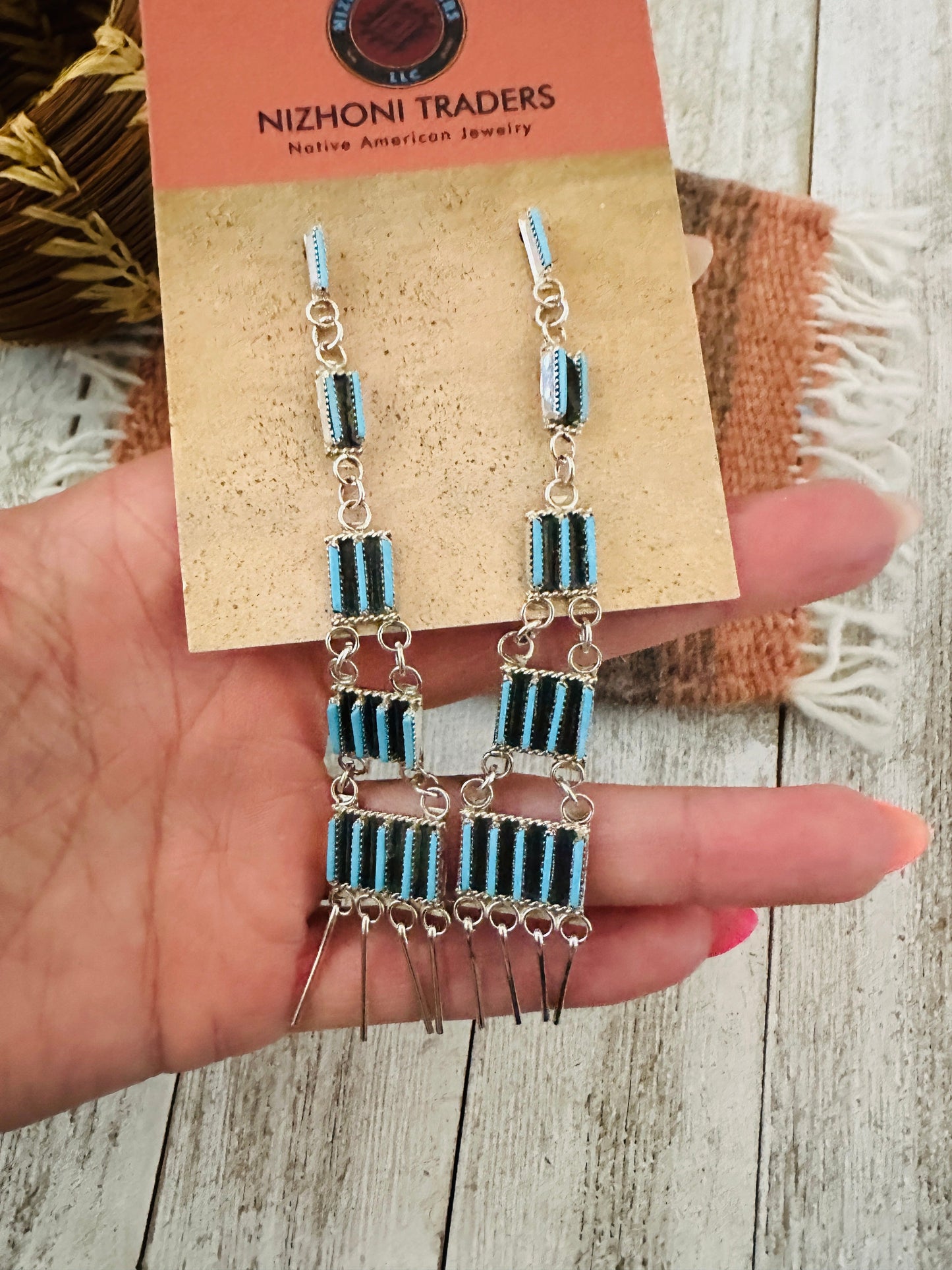 Handcrafted Sterling Silver & Turquoise Needlepoint Dangle Earrings