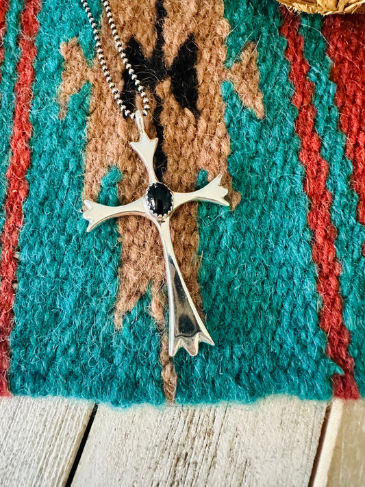 Handcrafted Black Onyx & Sterling Silver Cross Pendant