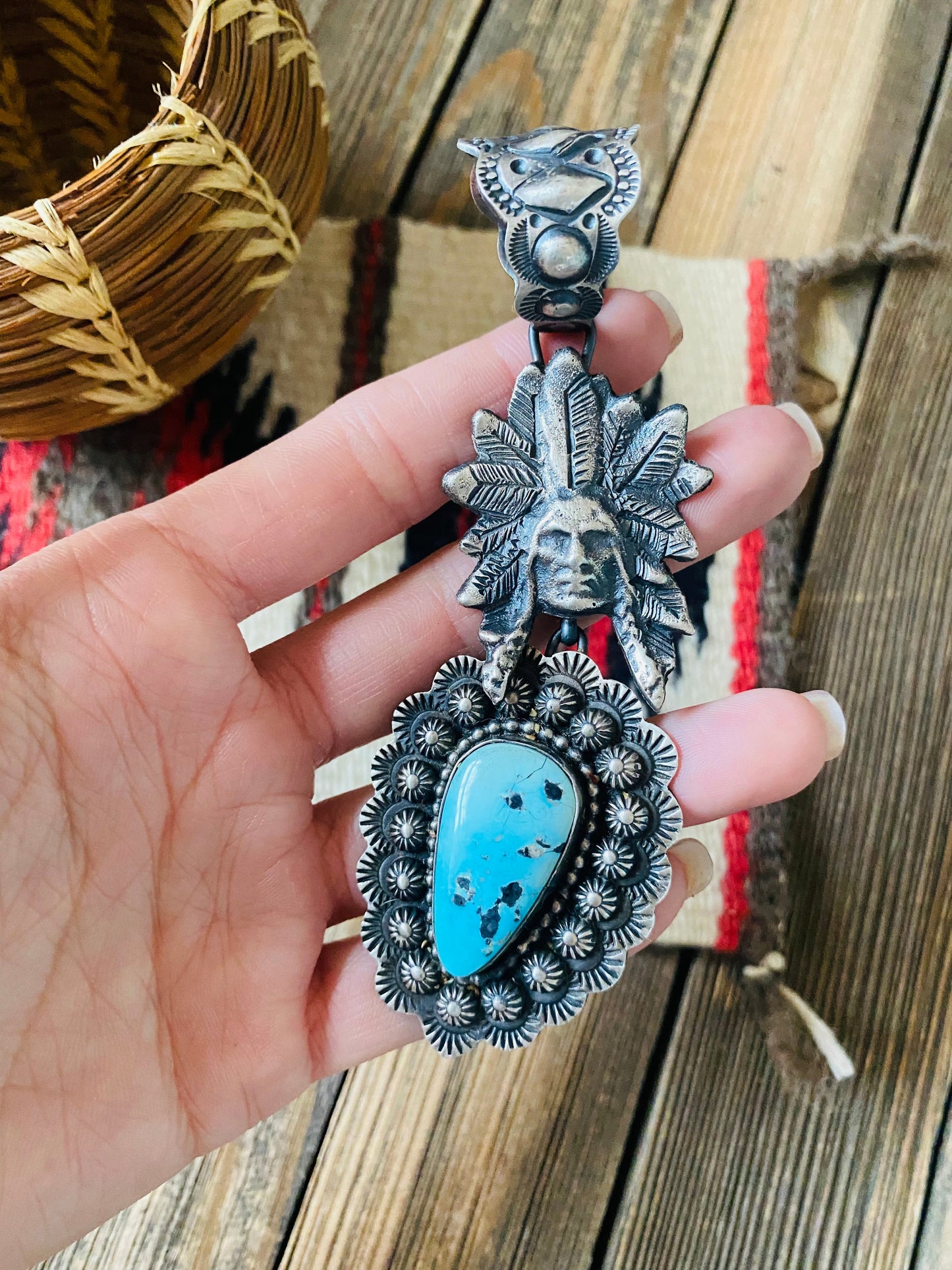 Handcrafted Sterling Kingman Turquoise & Sterling Silver Indian Chief Pendant