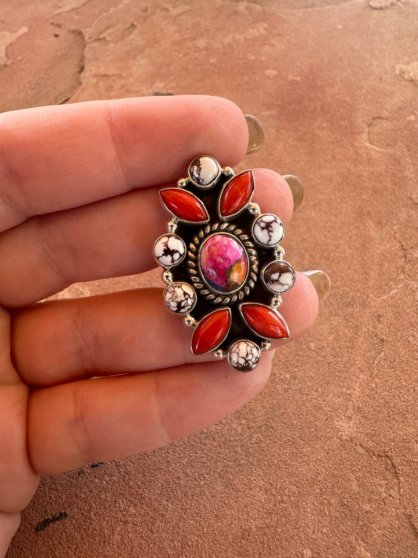 Beautiful Handmade Pink Dream Mojave, Coral, Wild Horse And Sterling Silver Adjustable Ring