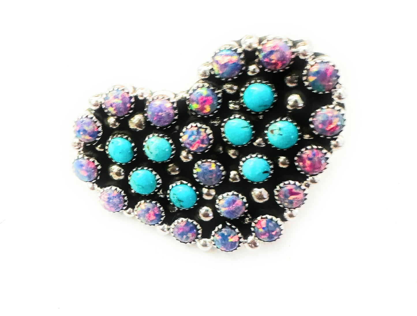 Handcrafted Sterling Silver, Opal & Turquoise Cluster Adjustable Heart Ring