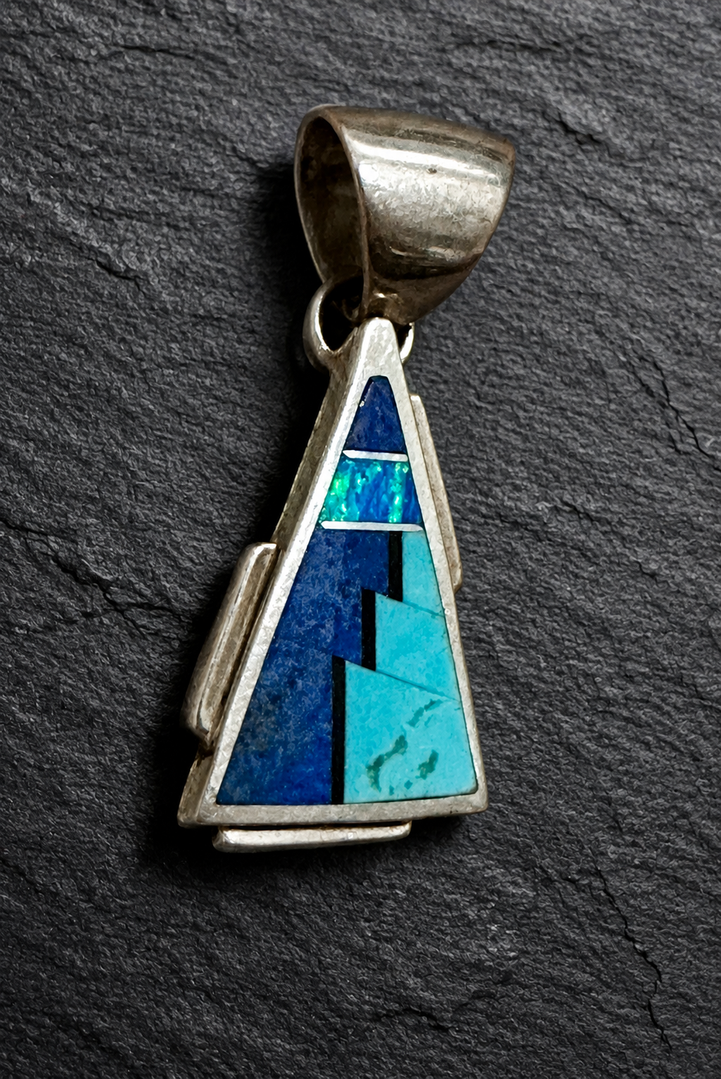 Handcrafted Lapis Turquoise Blue Opal Triangle Pendant 1.5”