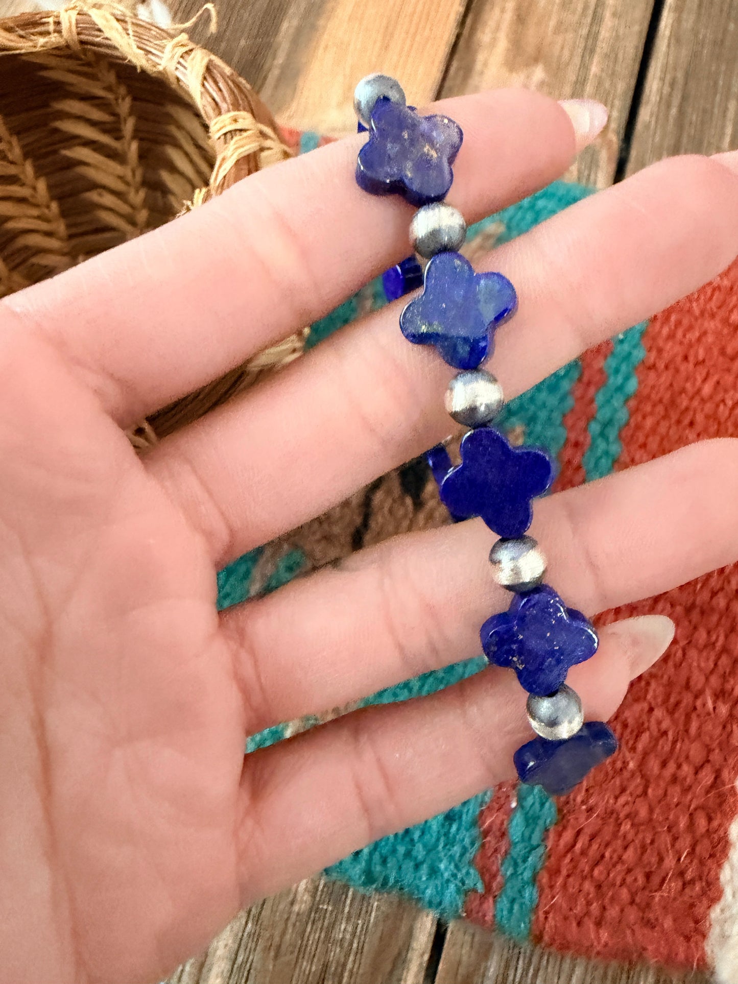 Handcrafted Lapis & Sterling Silver Pearl Cross Beaded Stretch Bracelet