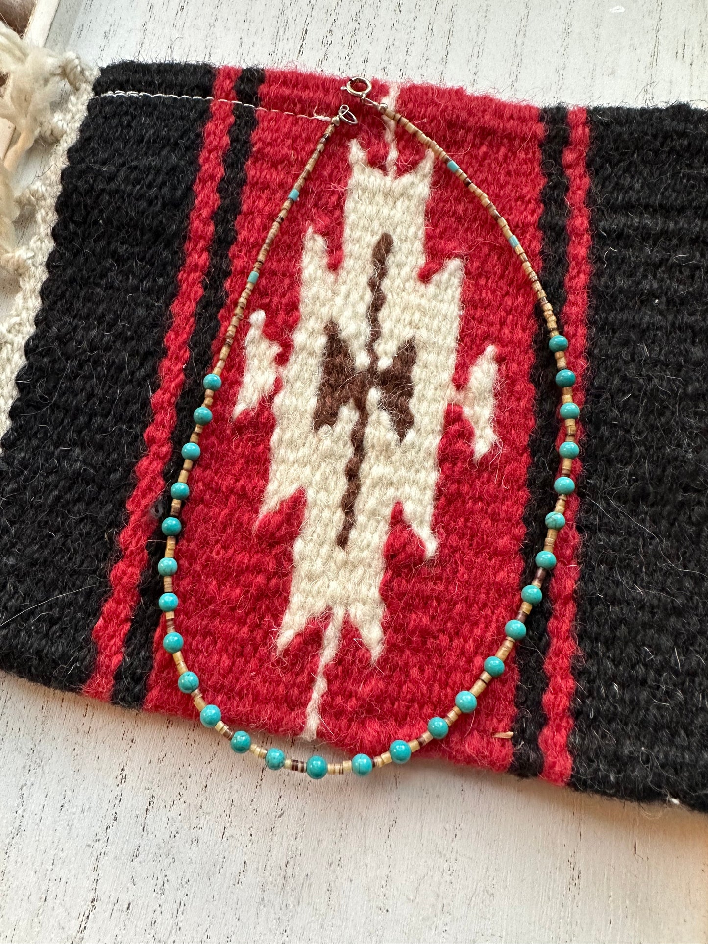 Handcrafted Turquoise And Heishi  Beaded Necklace 16”