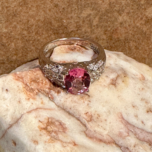 Pink Topaz & CZ Oval Shape Sterling Silver Ring Size 6