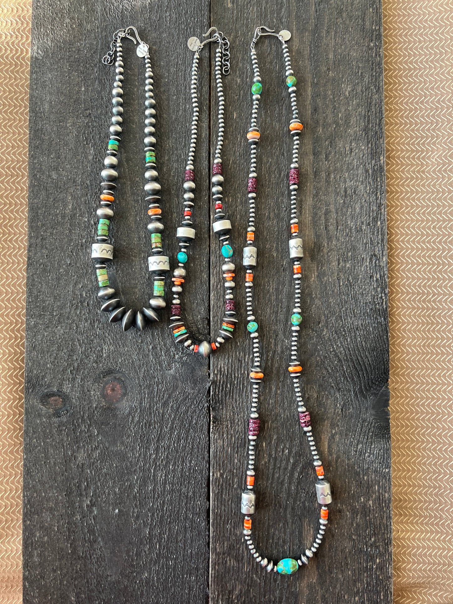 Handcrafted Electric Rainbow Sterling Silver, Turquoise and Spiny Oyster Single Strand Beaded Necklace by Rose Martin, 34 inches