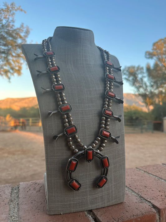 Vintage Handcrafted Coral & Sterling Silver Squash Blossom Necklace