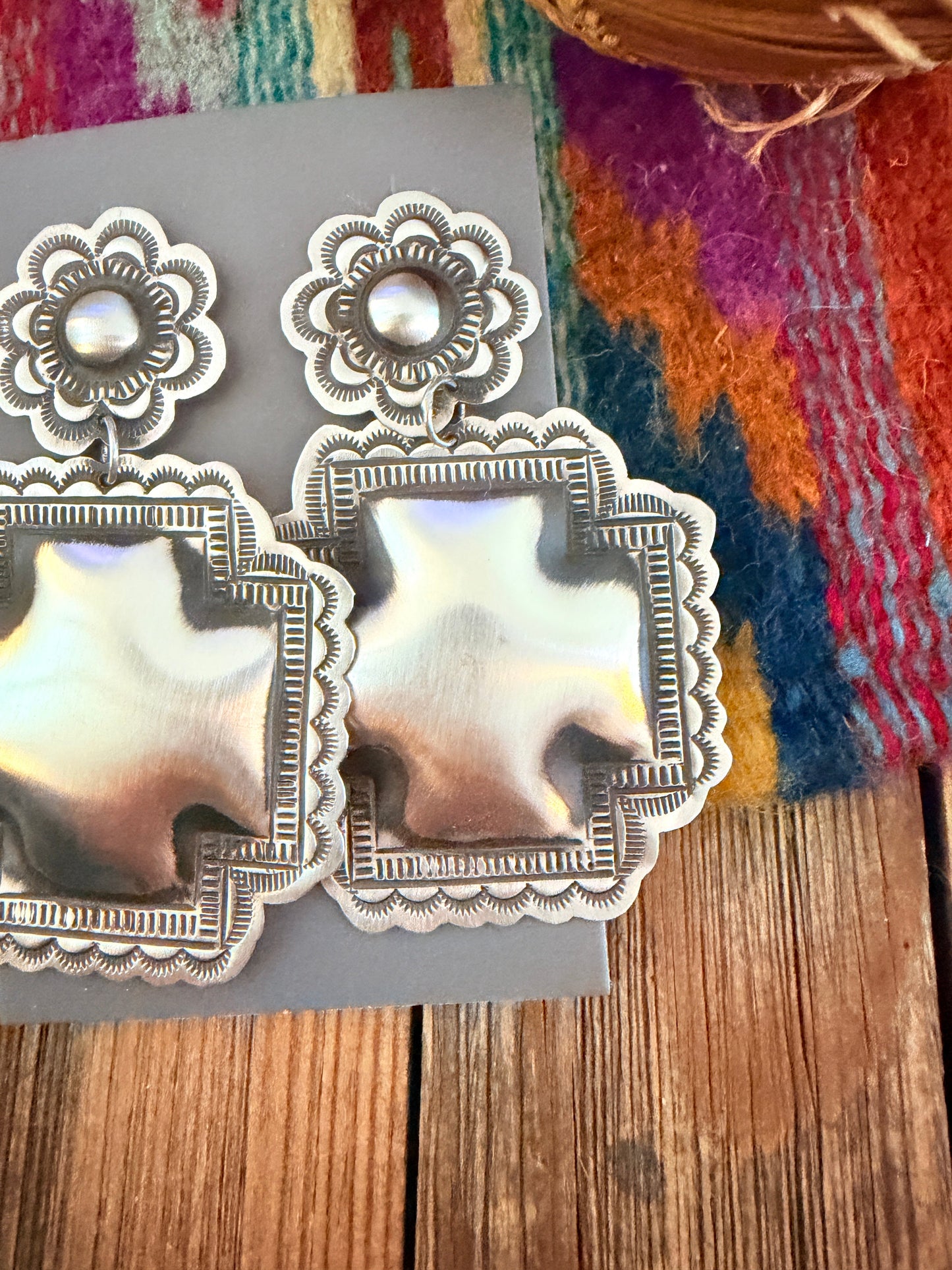 Handcrafted Sterling Silver Concho Cross Dangle Earrings by Leander Tahe