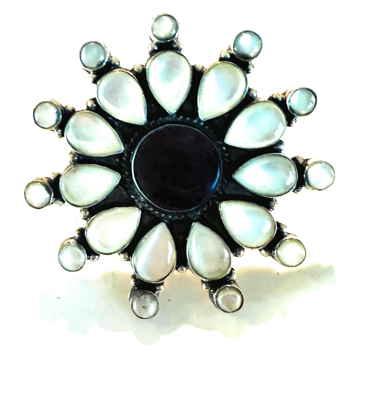 Navajo Sterling Silver, Mother of Pearl & Spiny Cluster Adjustable Ring