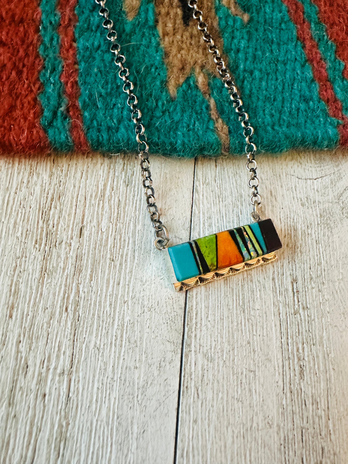 Handcrafted Multi Stone & Sterling Silver Inlay Bar Necklace