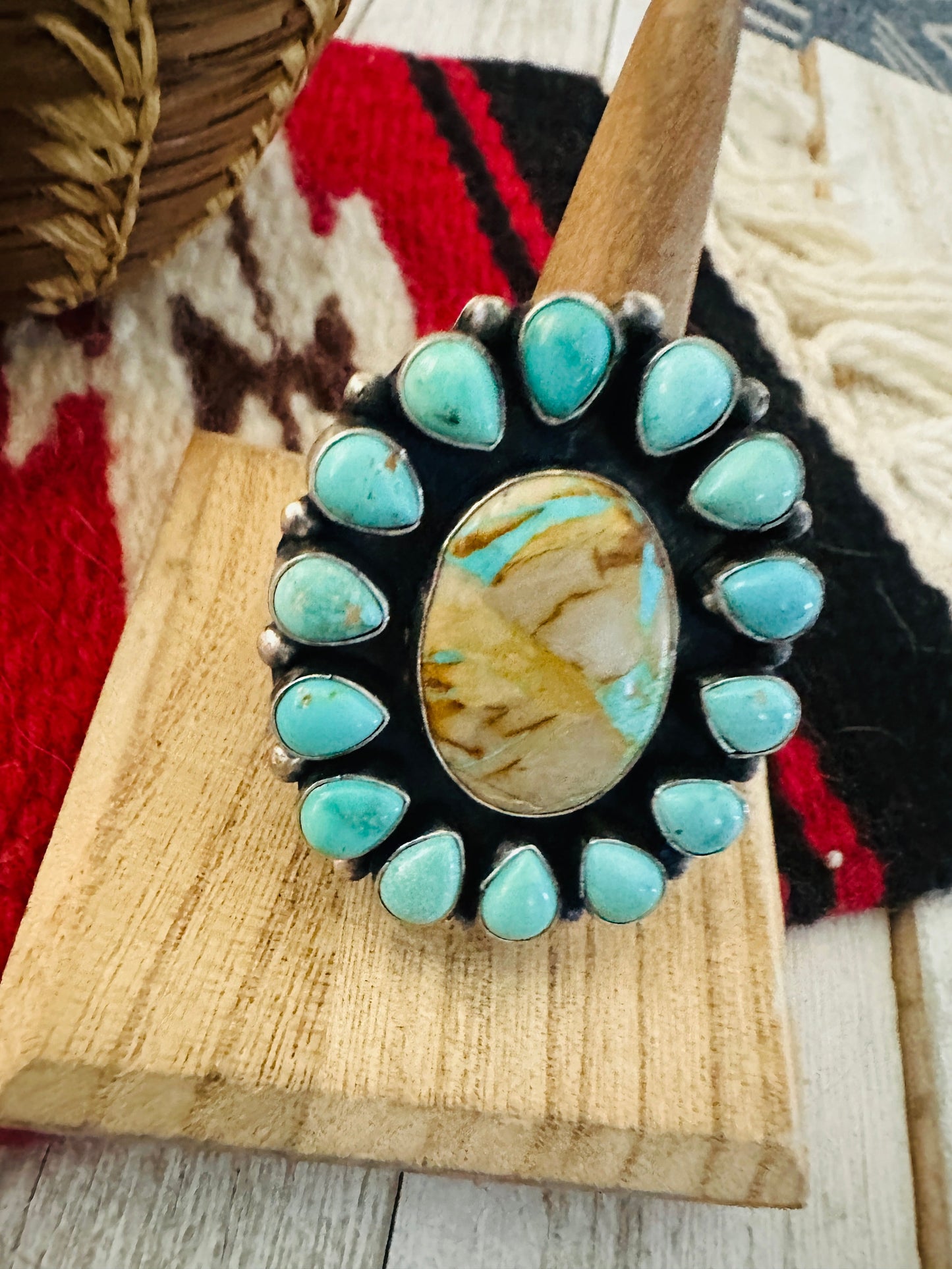 Handcrafted Ribbon Turquoise & Sterling Silver Cluster Ring Size 8
