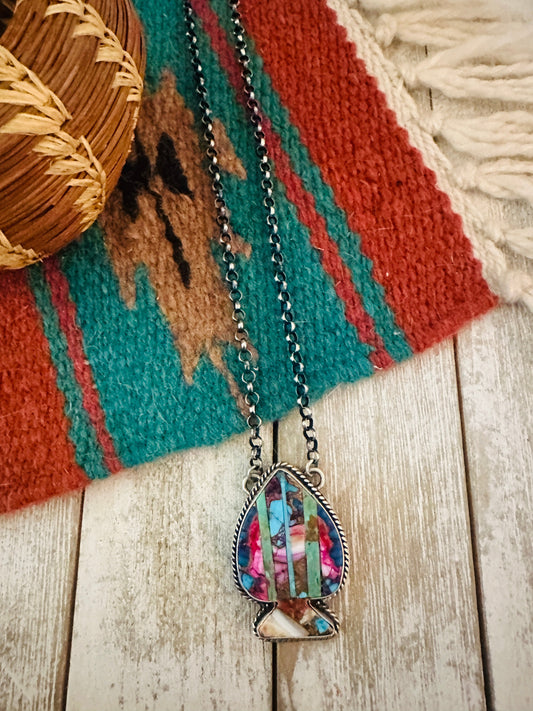 Handcrafted Sterling Silver & Multi Stone Inlay Spade Necklace