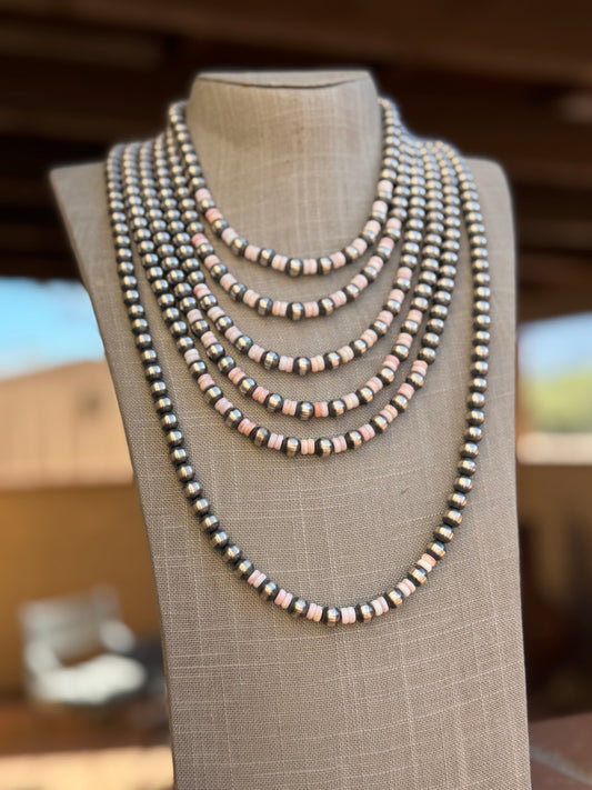 Handcrafted  Sterling Silver Pearl & Queen Pink Conch Beaded Necklace 8mm