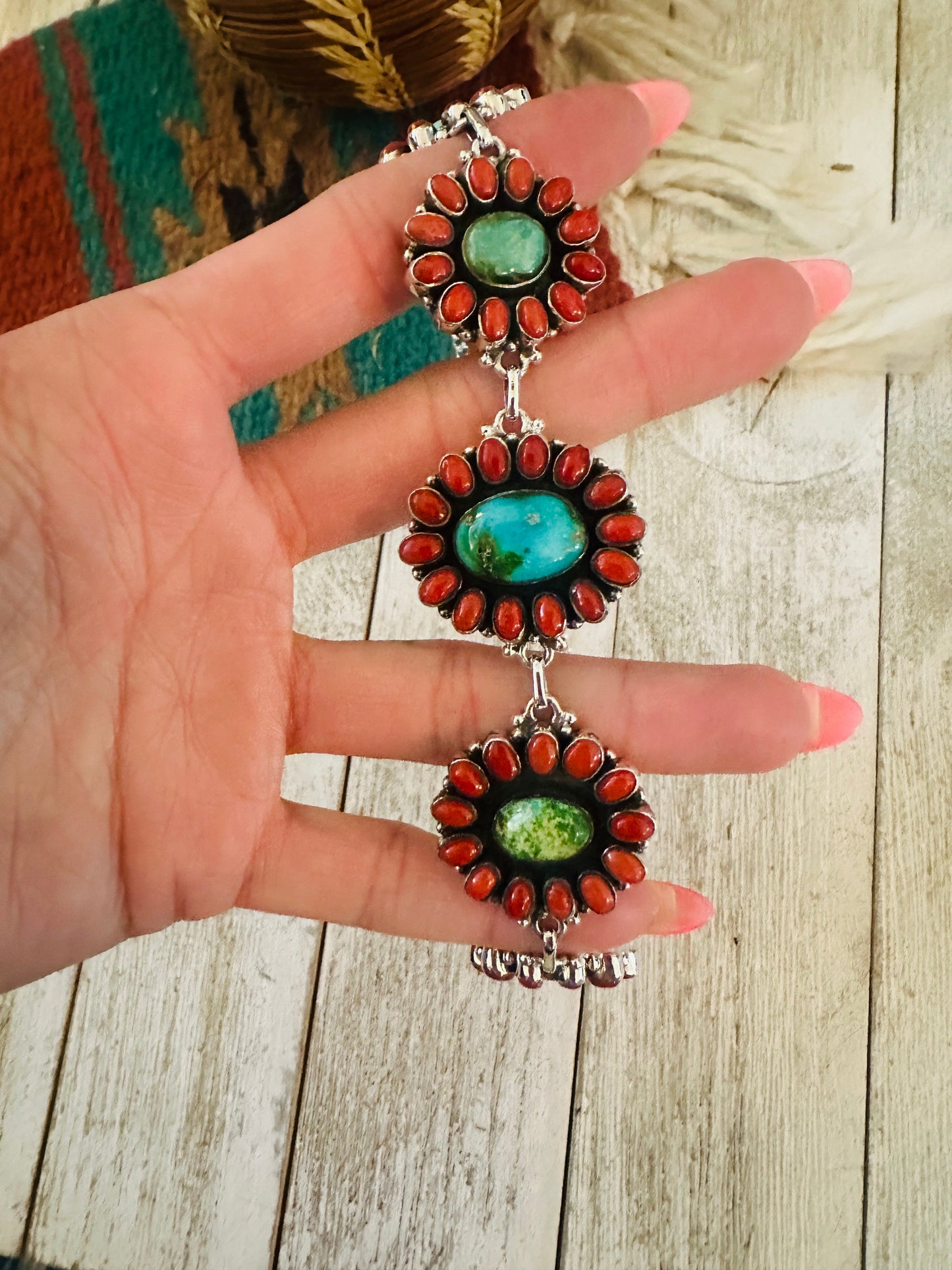** Christmas Collection ** Handmade Sterling Silver, Sonoran Mountain Turquoise & Coral Necklace Signed Nizhoni