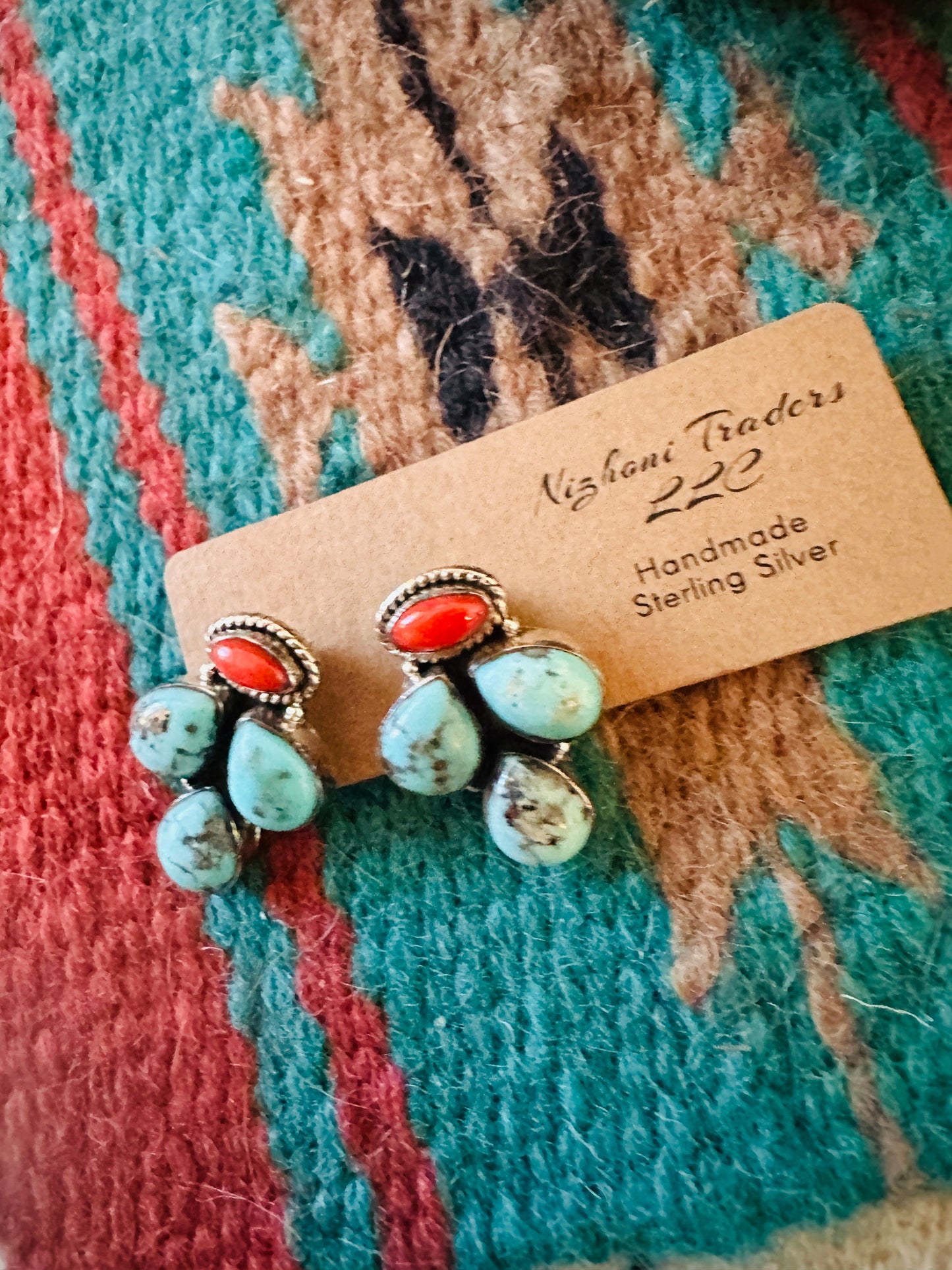 ** Christmas Collection ** Handmade Sterling Silver, Coral & Turquoise Cluster Earrings Signed Nizhoni