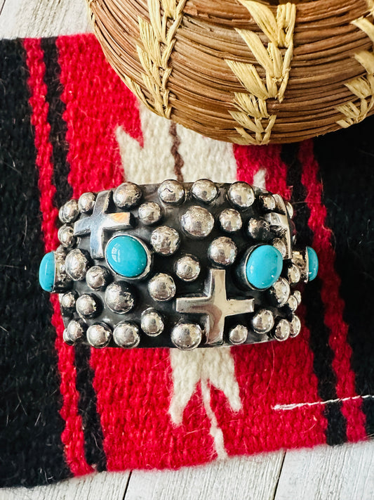 Handcrafted Turquoise & Sterling Silver Cross Cuff Bracelet By Chimney Butte /