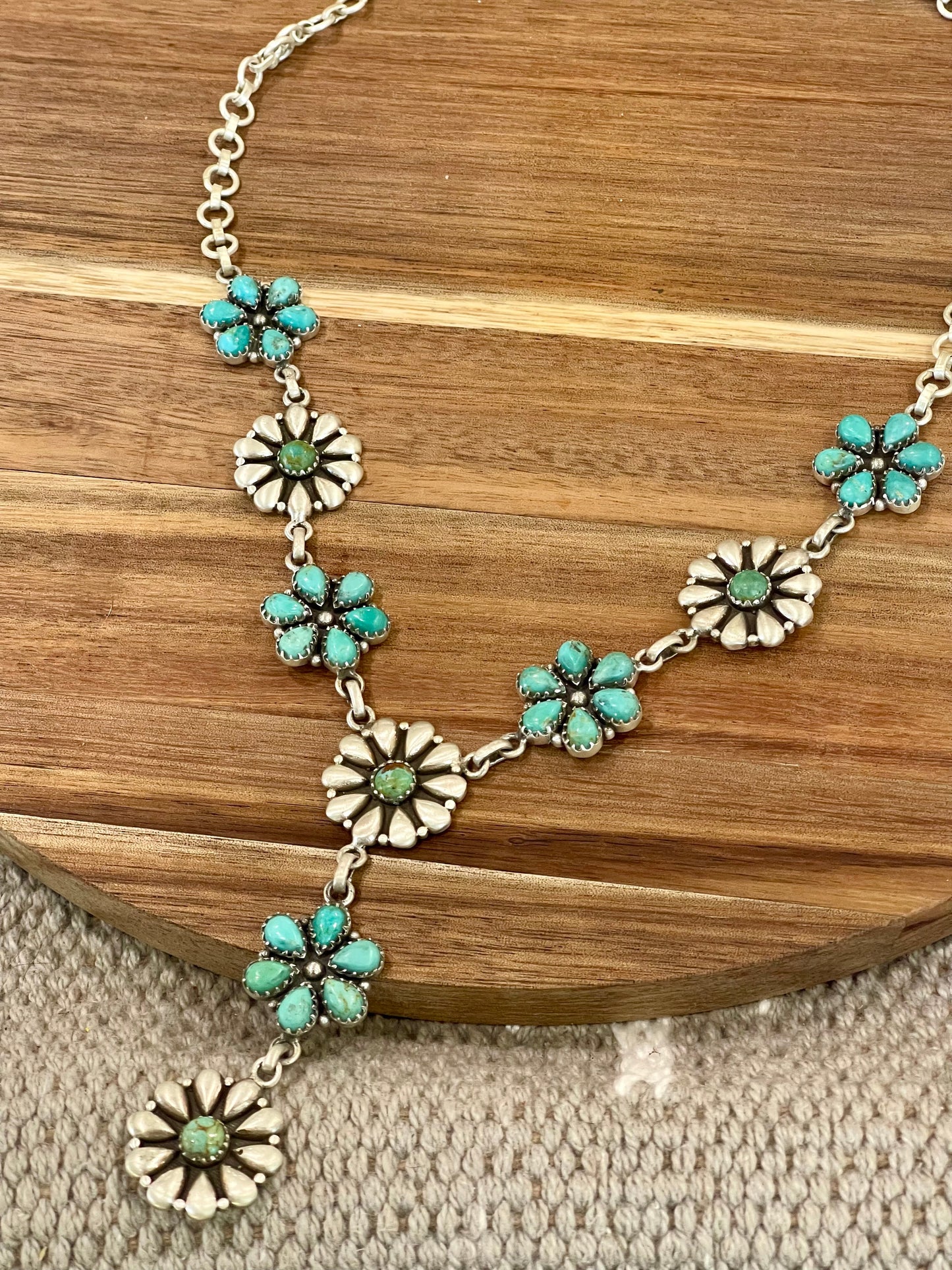 Handmade Sterling Silver & Turquoise Flower Lariat Necklace