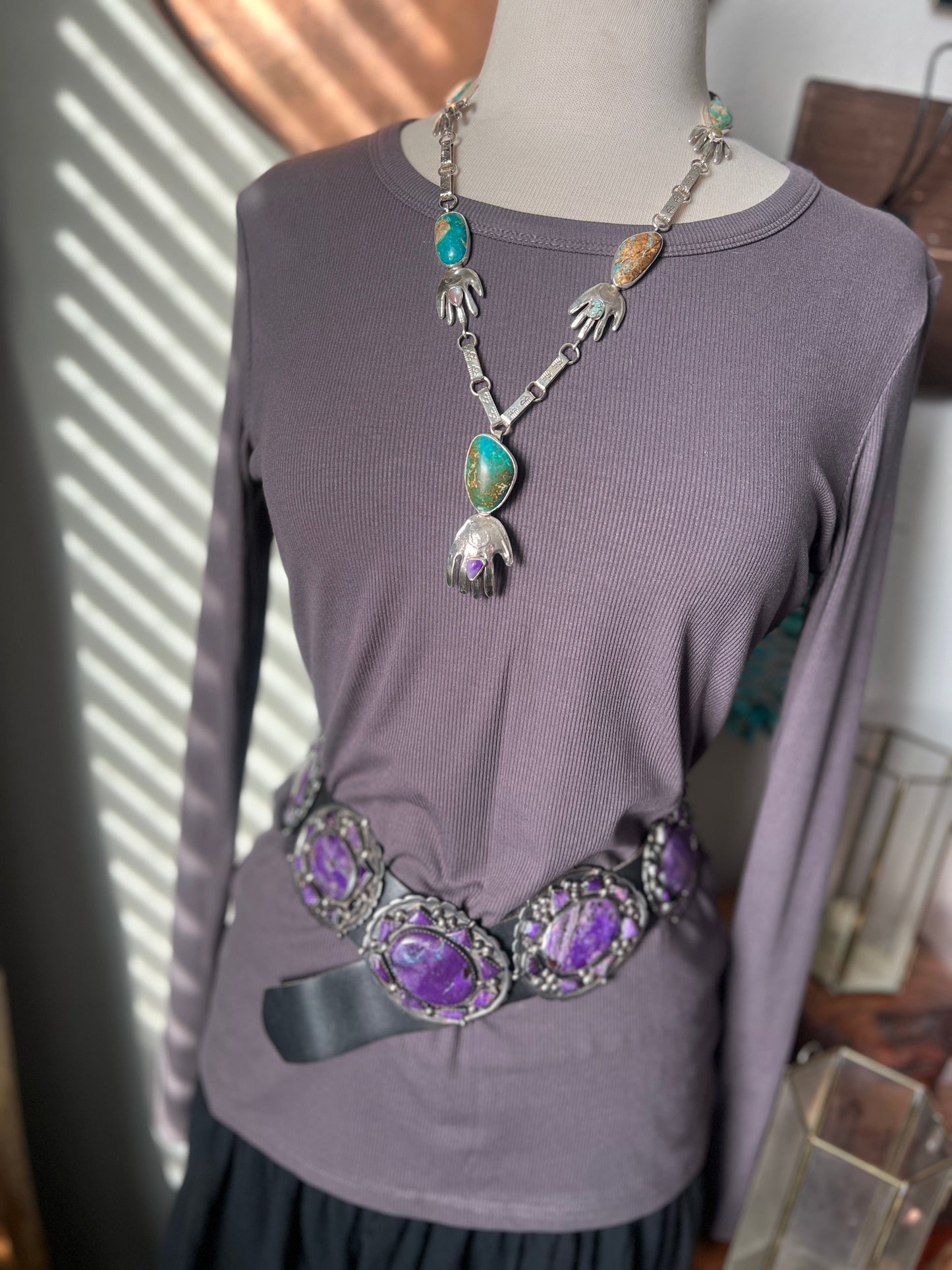 Jay Leon Coriz Handcrafted Sterling Silver and Royston Turquoise Healing Hand Station Necklace