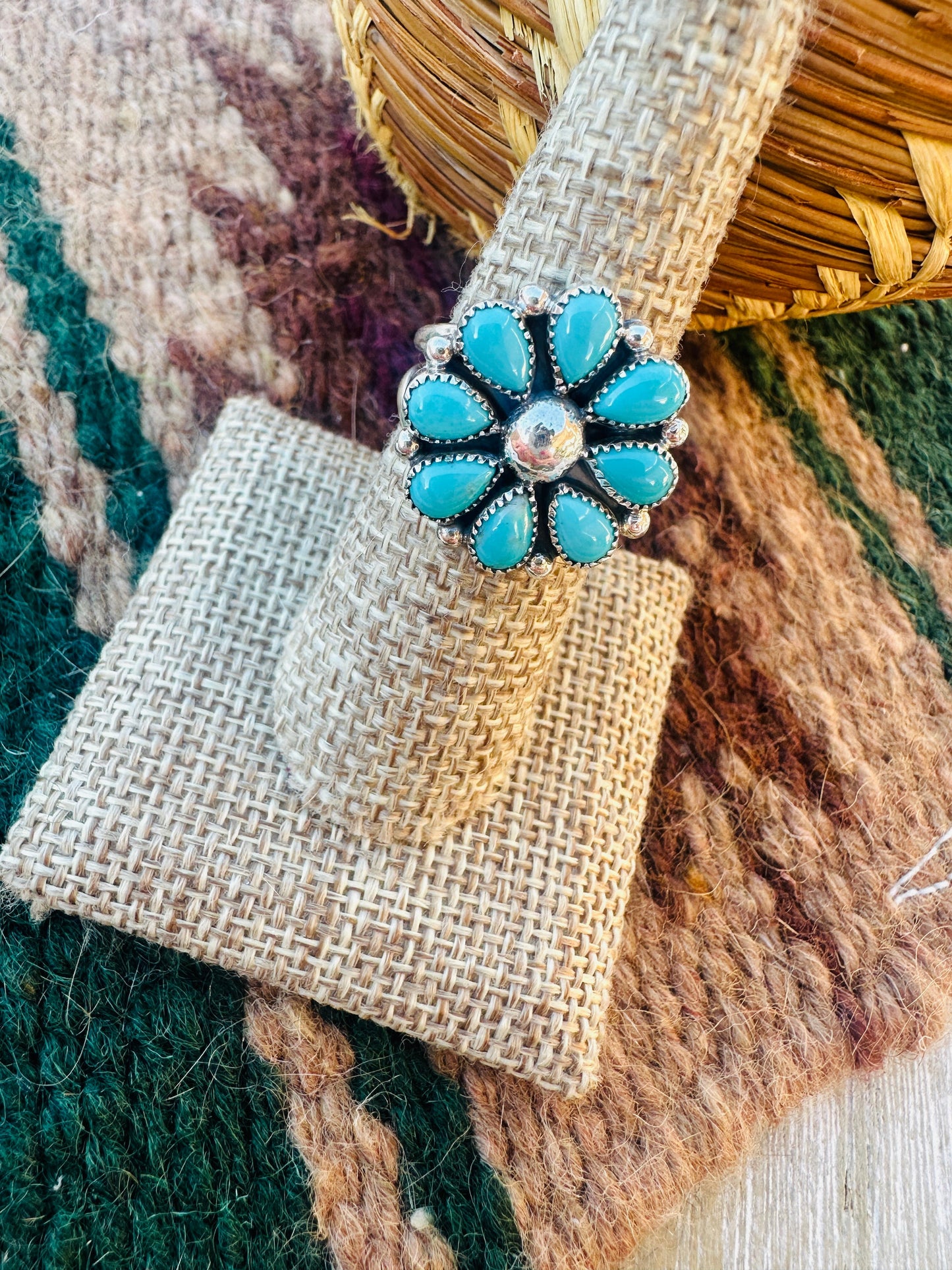 Handcrafted Turquoise Flower & Sterling Silver Cluster Ring