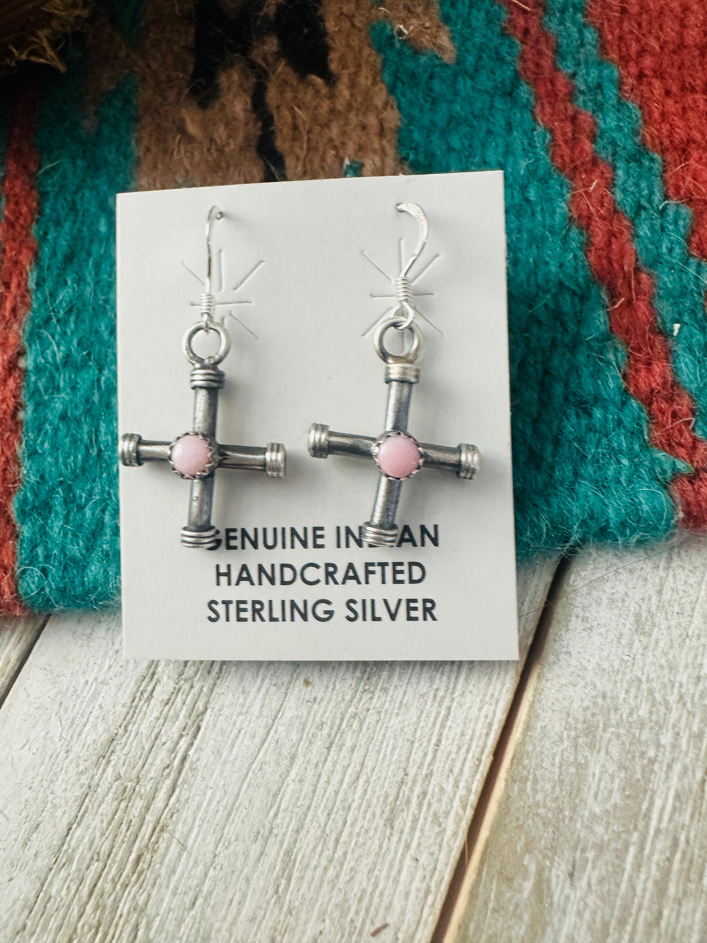 Handcrafted Sterling Silver & Queen Pink Conch Cross Dangle Earrings
