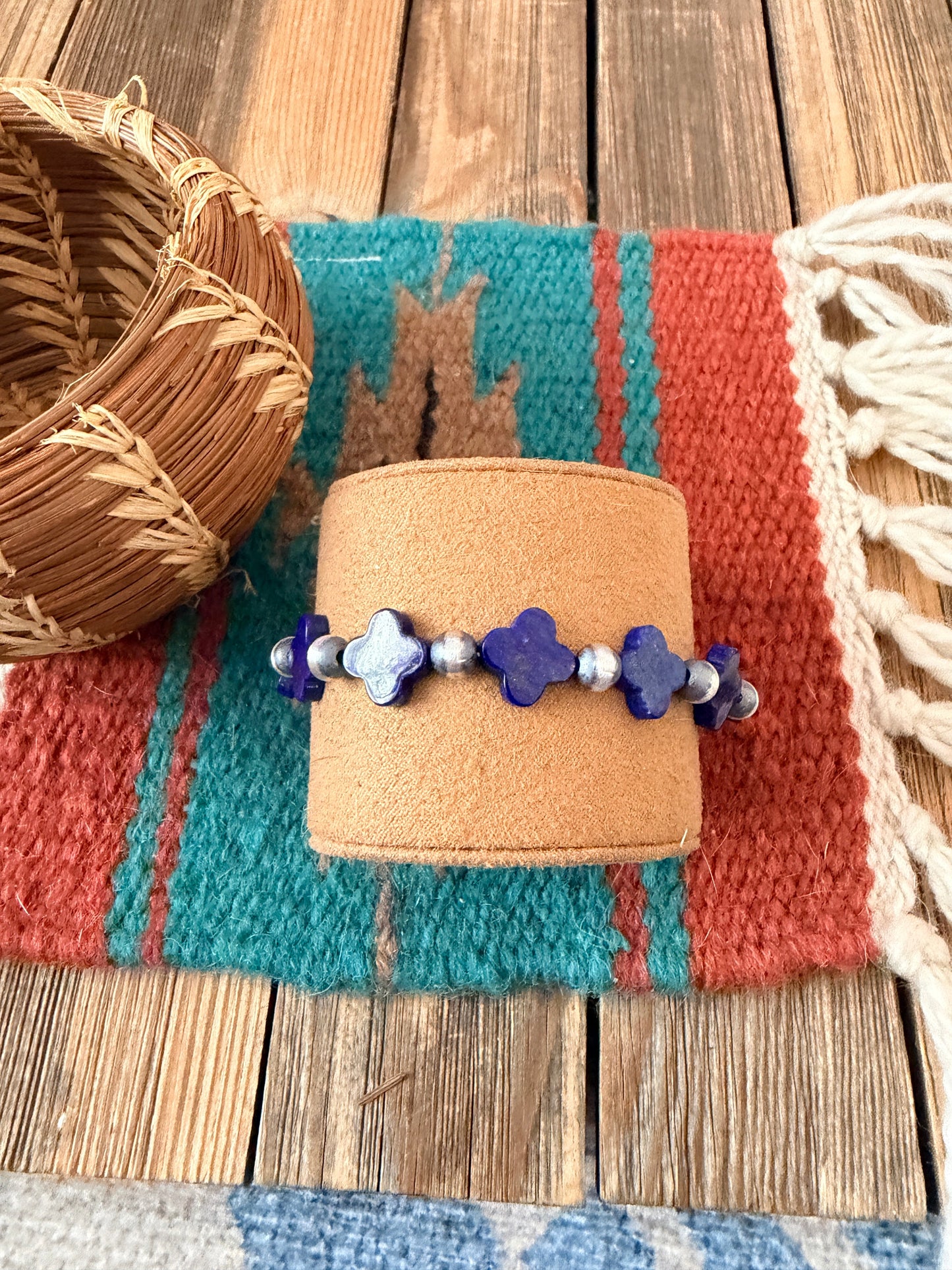 Handcrafted Lapis & Sterling Silver Pearl Cross Beaded Stretch Bracelet