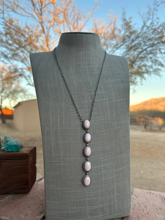 Handcrafted Queen Pink Conch & Sterling Silver 5 Oval Drop Necklace