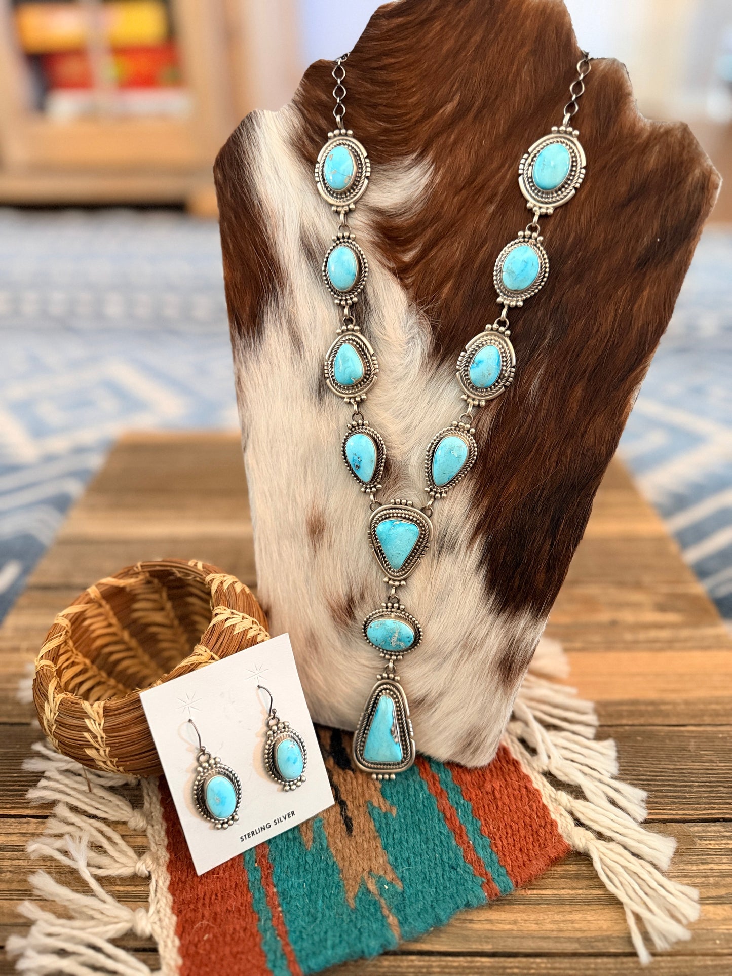 Handcrafted Kingman Turquoise & Sterling Silver Necklace and Earring Set