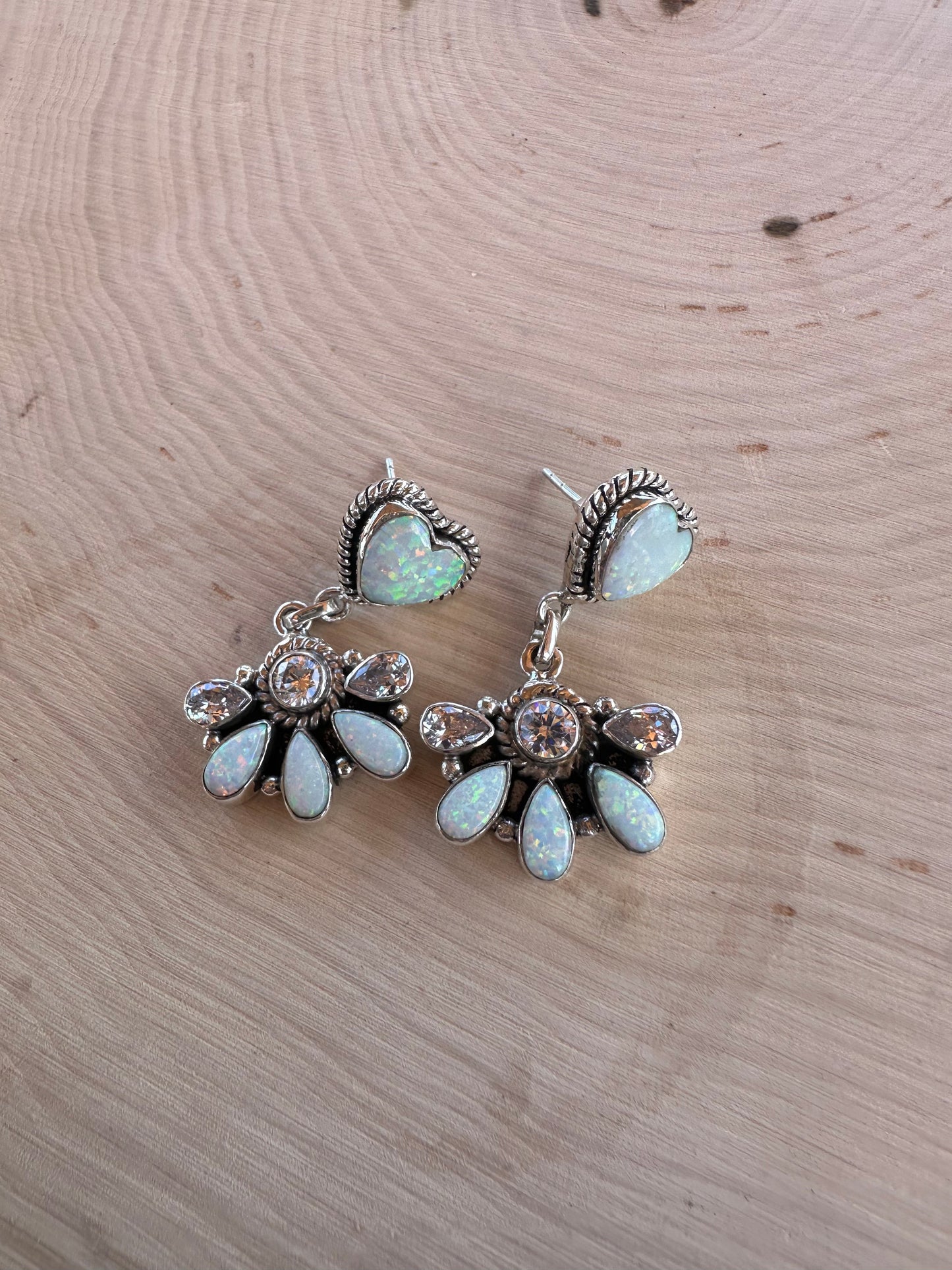 Handmade Fire Opal, CZ and Sterling Silver Dangle Earrings