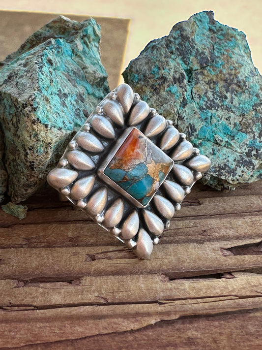 Beautiful Handmade Sterling Silver And Spice Square Adjustable Ring
