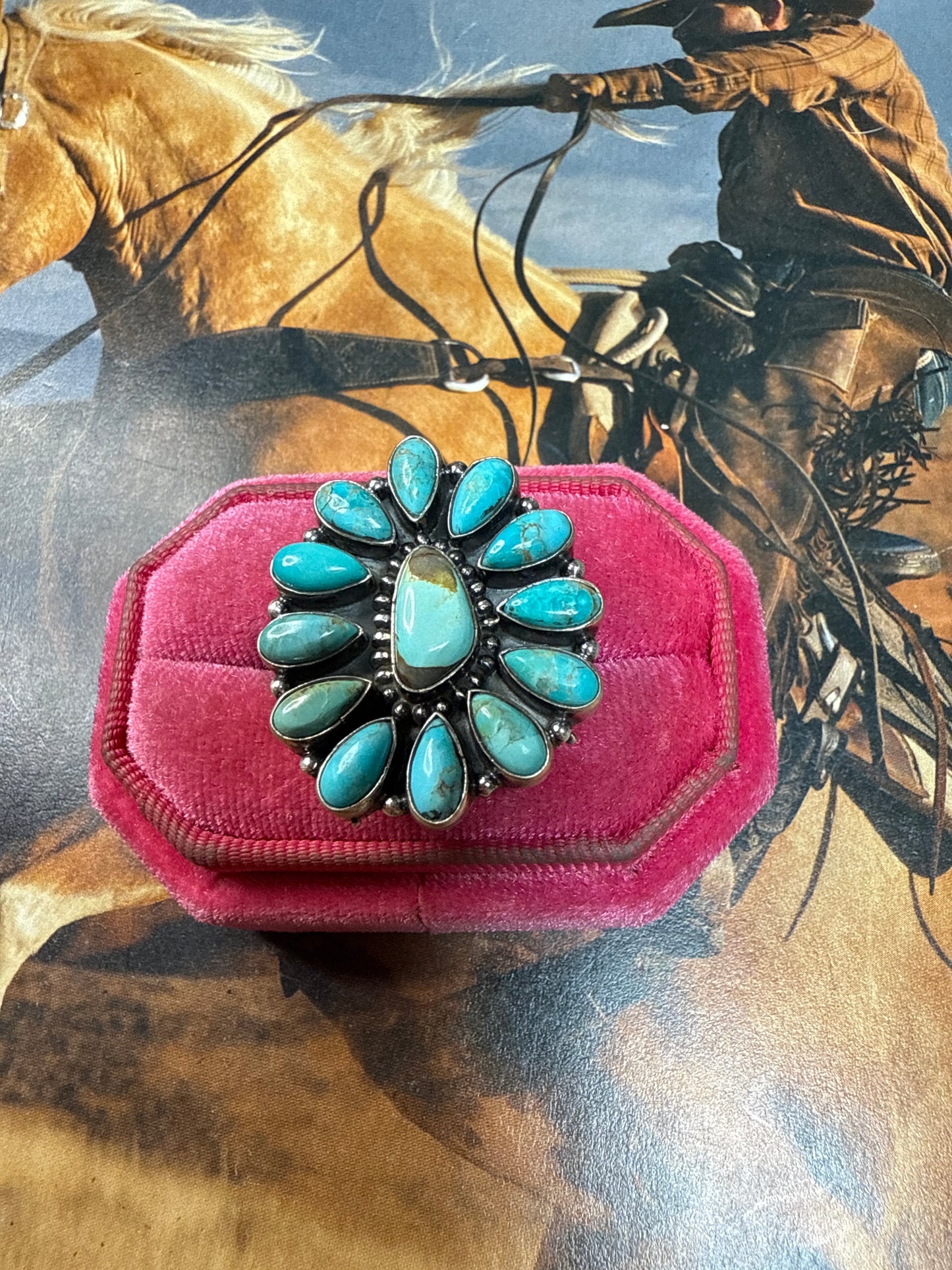 Handmade Sterling Silver, Kingman Turquoise, Ribbon Turquoise Adjustable Ring