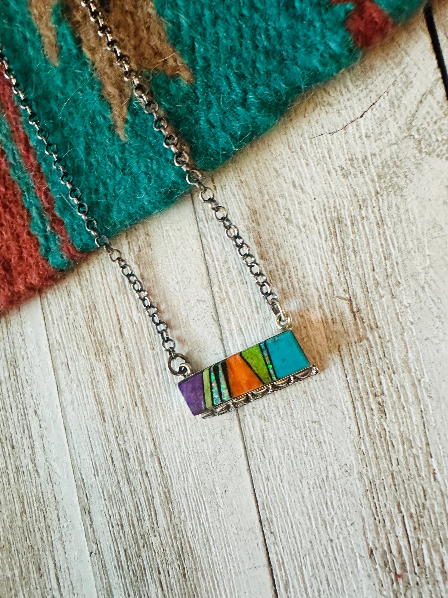 Handcrafted Multi Stone & Sterling Silver Inlay Bar Necklace