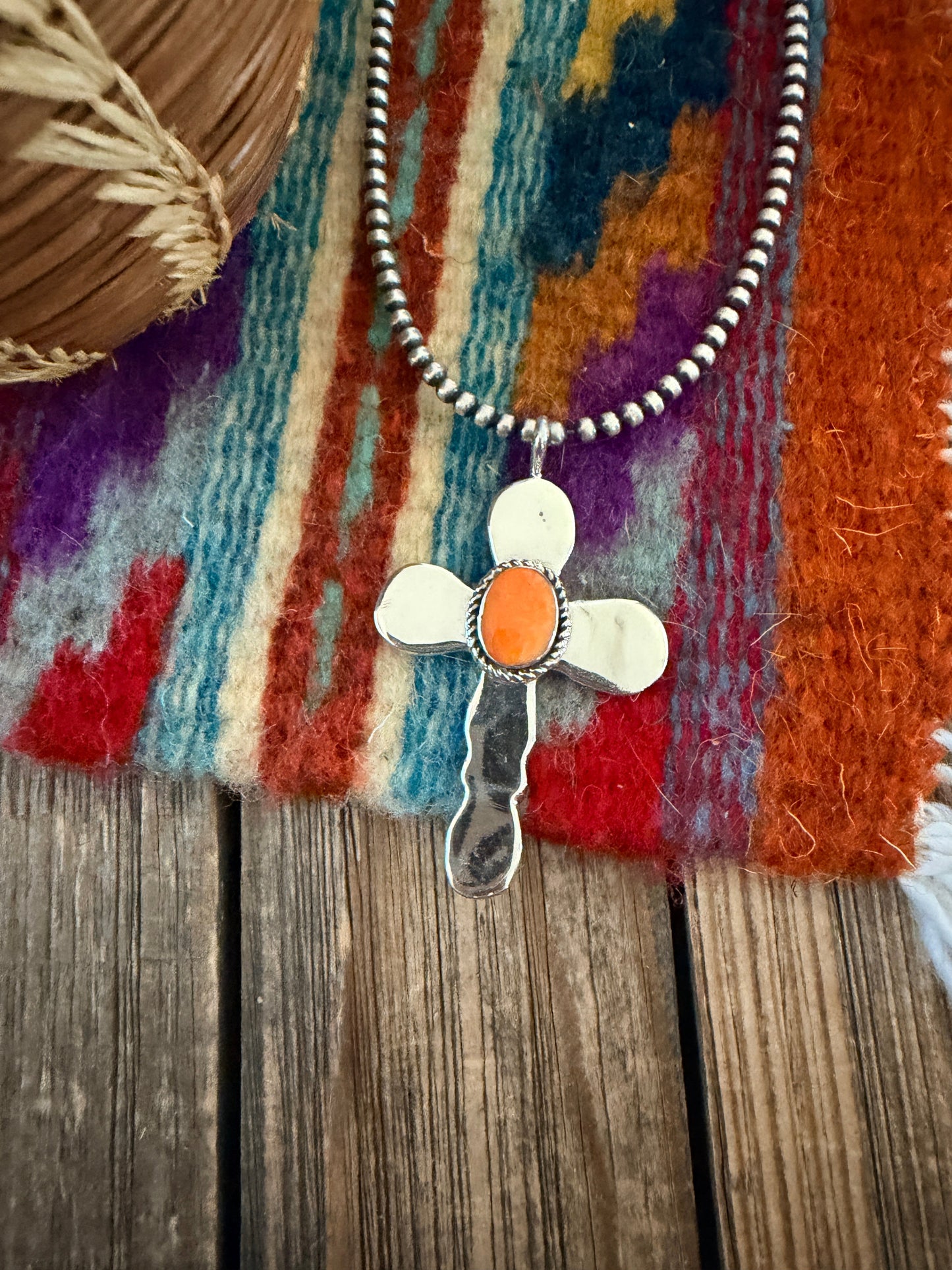Handcrafted Sterling Silver & Spiny Oyster Cross Pendant by Joseph Martinez