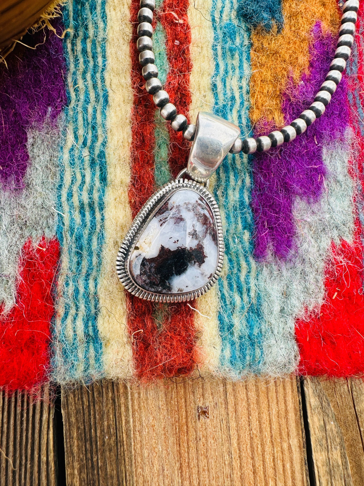Handcrafted Sterling Silver & White Buffalo Pendant by Wydell Billie