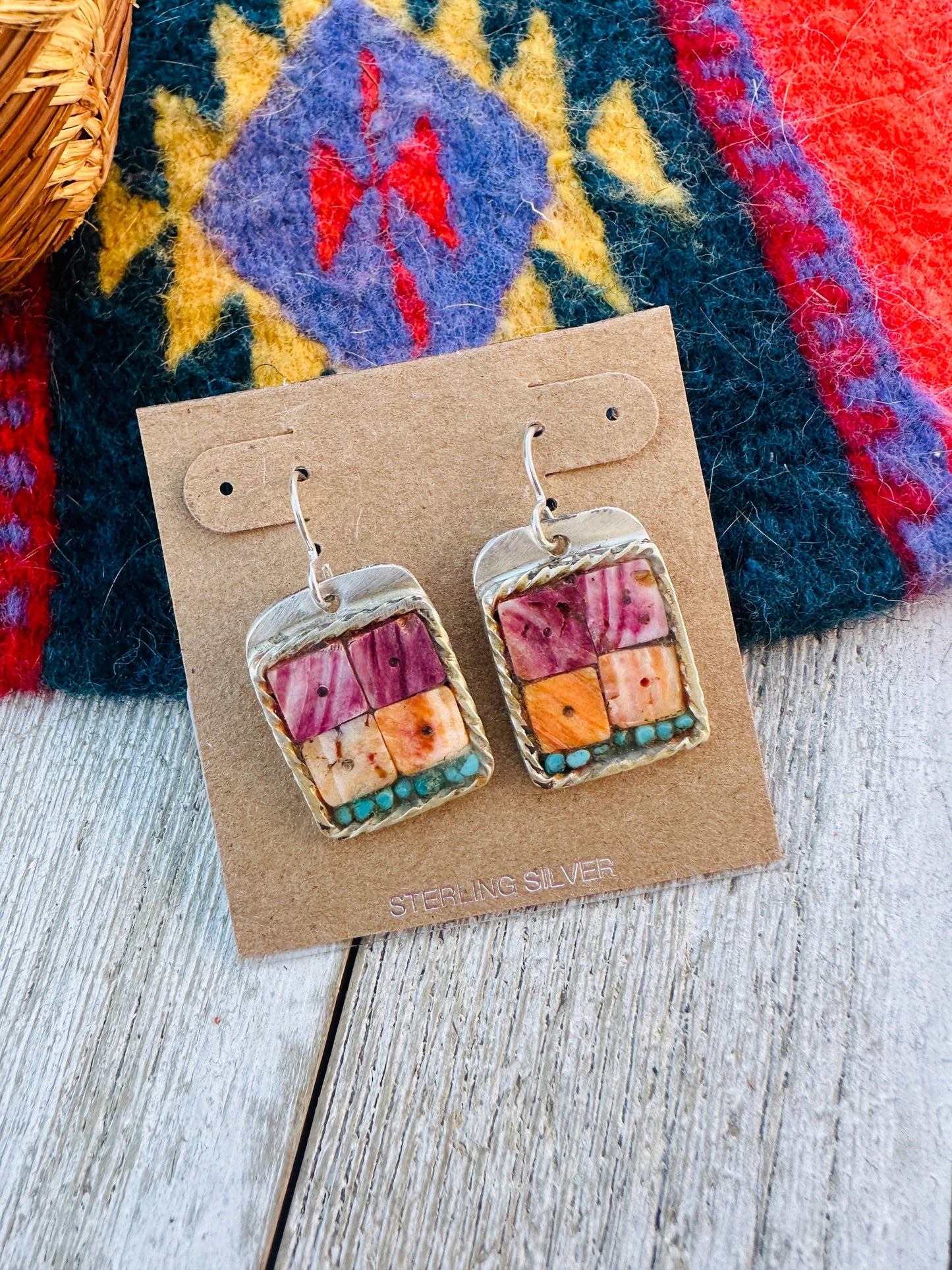 Handcrafted Spiny, Turquoise & Sterling Silver Inlay Dangle Earrings
