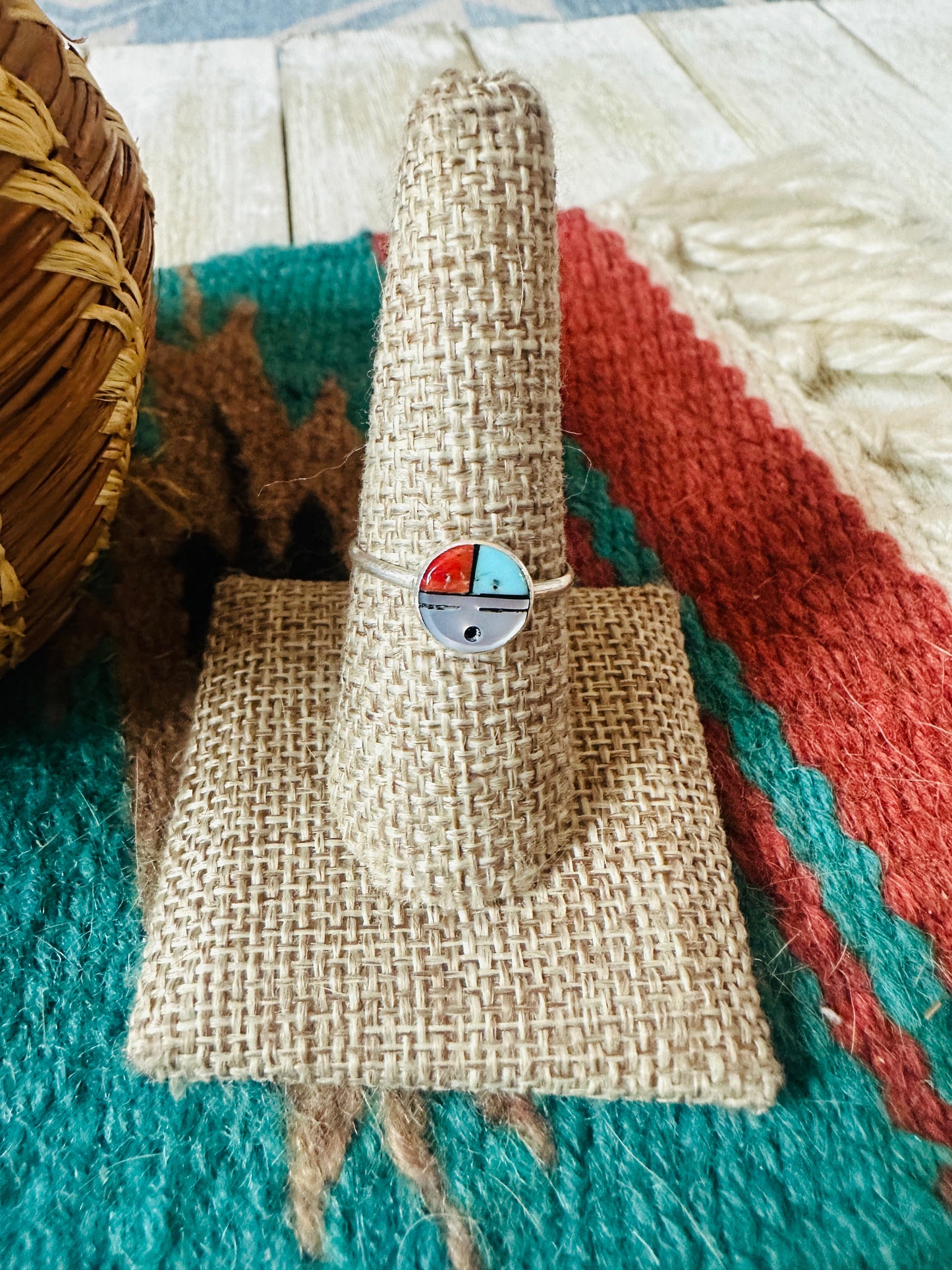 Handcrafted Multi Stone & Sterling Silver Inlay Sun Face Ring