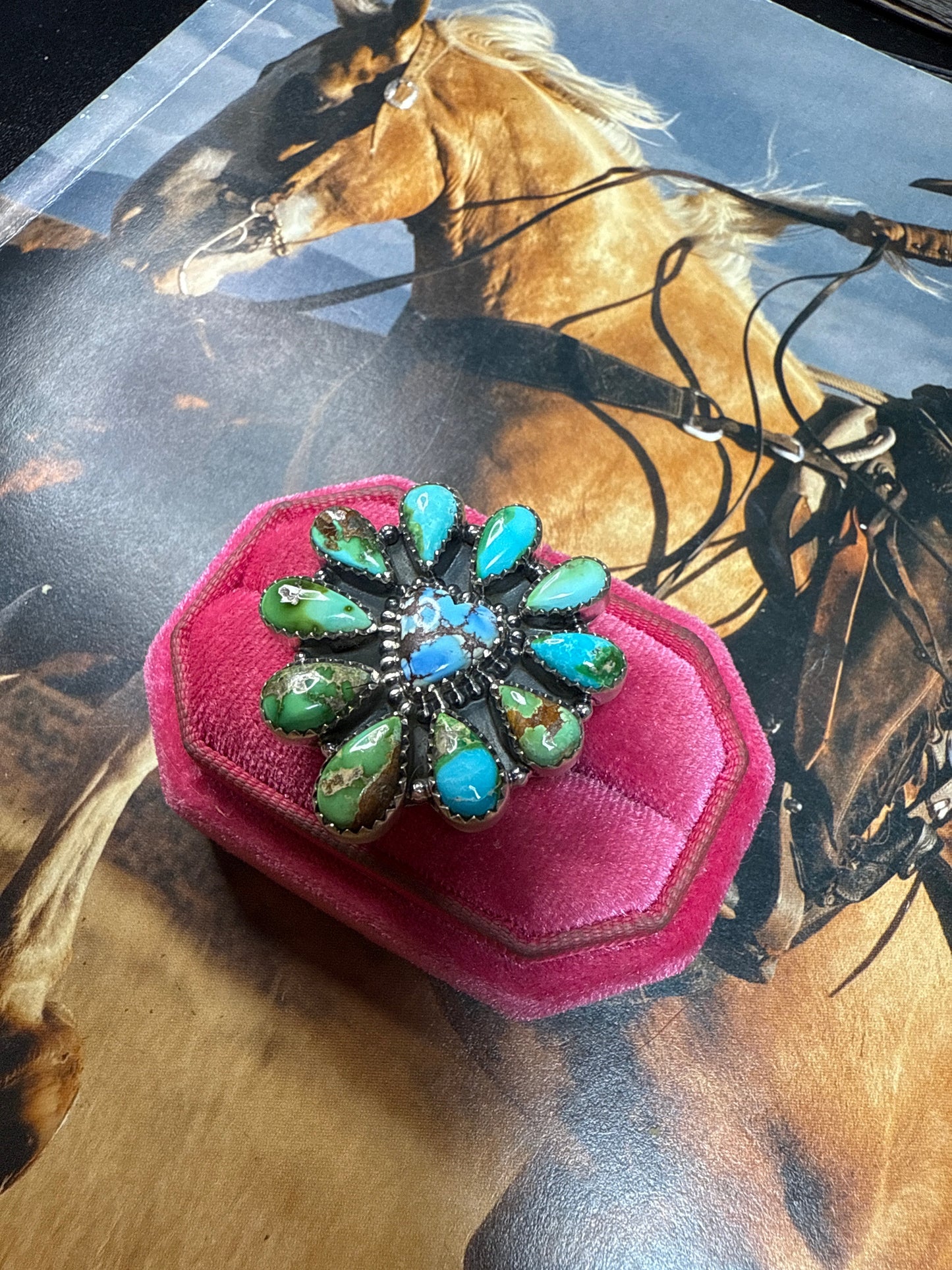 Handmade Adjustable Golden Hills Turquoise, Sonoran Mountain Turquoise & Sterling Silver HEART Ring