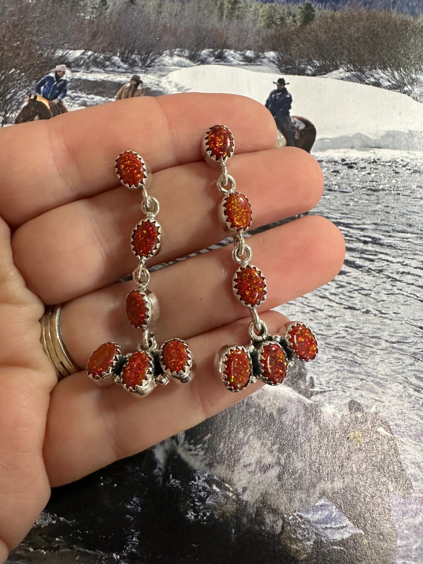 Handmade Red Fire Opal and Sterling Silver Handmade Dangles