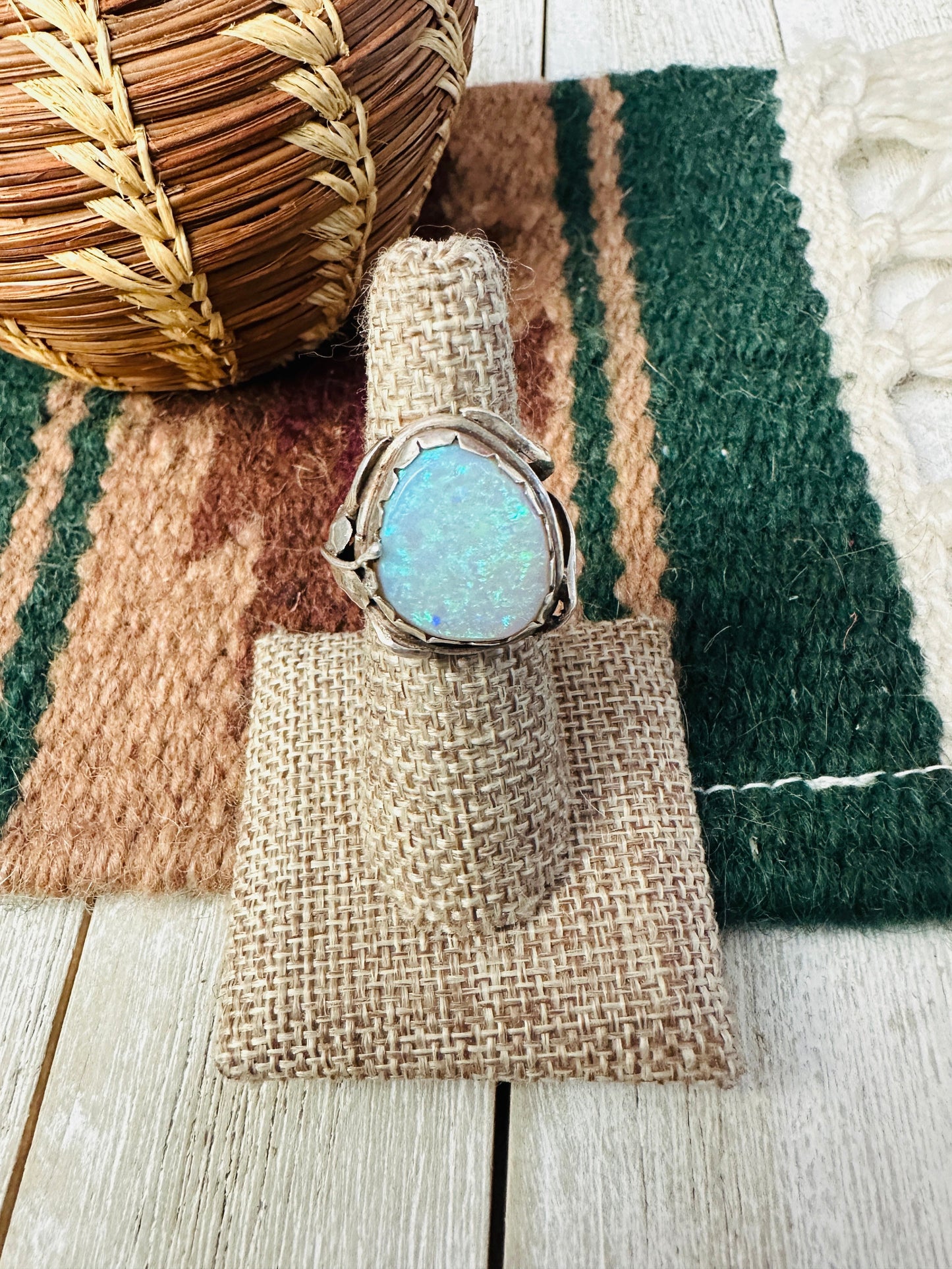 Old Pawn Handcrafted Opal & Sterling Silver Ring Size 6.5