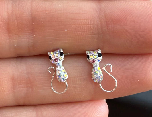 Cat CZ Sterling Silver Stud Earrings