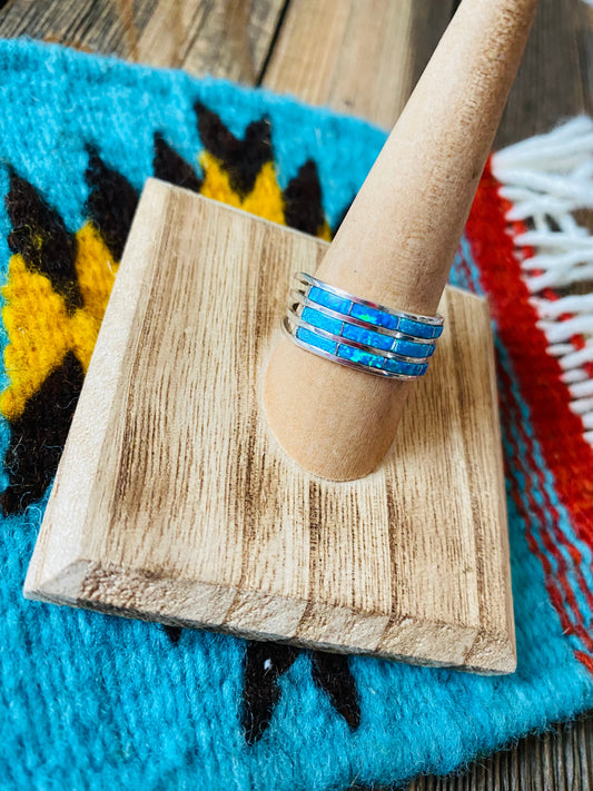 Handcrafted Sterling Silver & Blue Opal Inlayed Stacker Ring