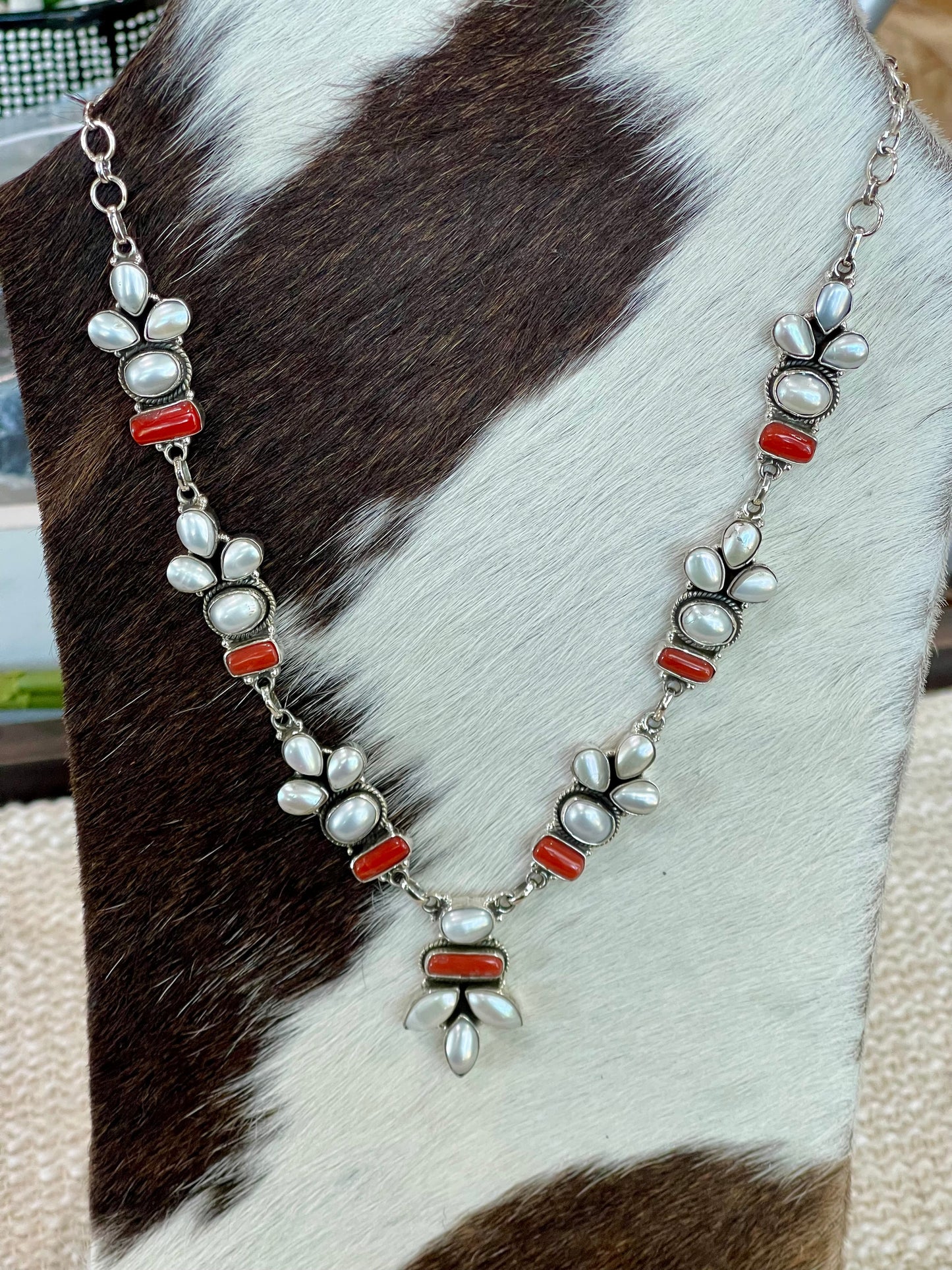 ** 4TH OF JULY ** Handmade Sterling , Silver Synthetic Opal & Coral Necklace, Earring & Ring Set with Signed Nizhoni