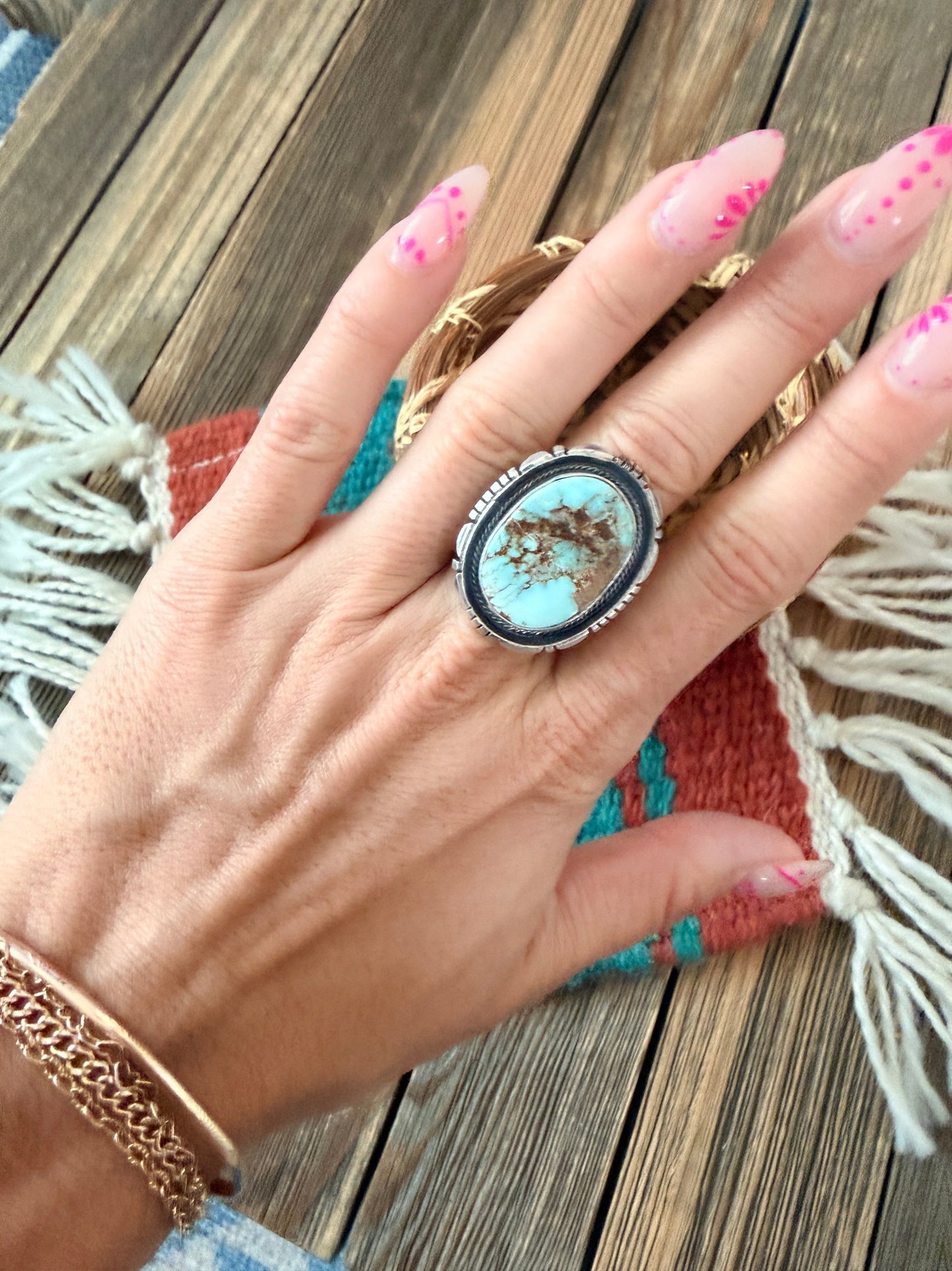 Handcrafted Dry Creek Turquoise & Sterling Silver Ring Size 5.5 by Daniel Benally