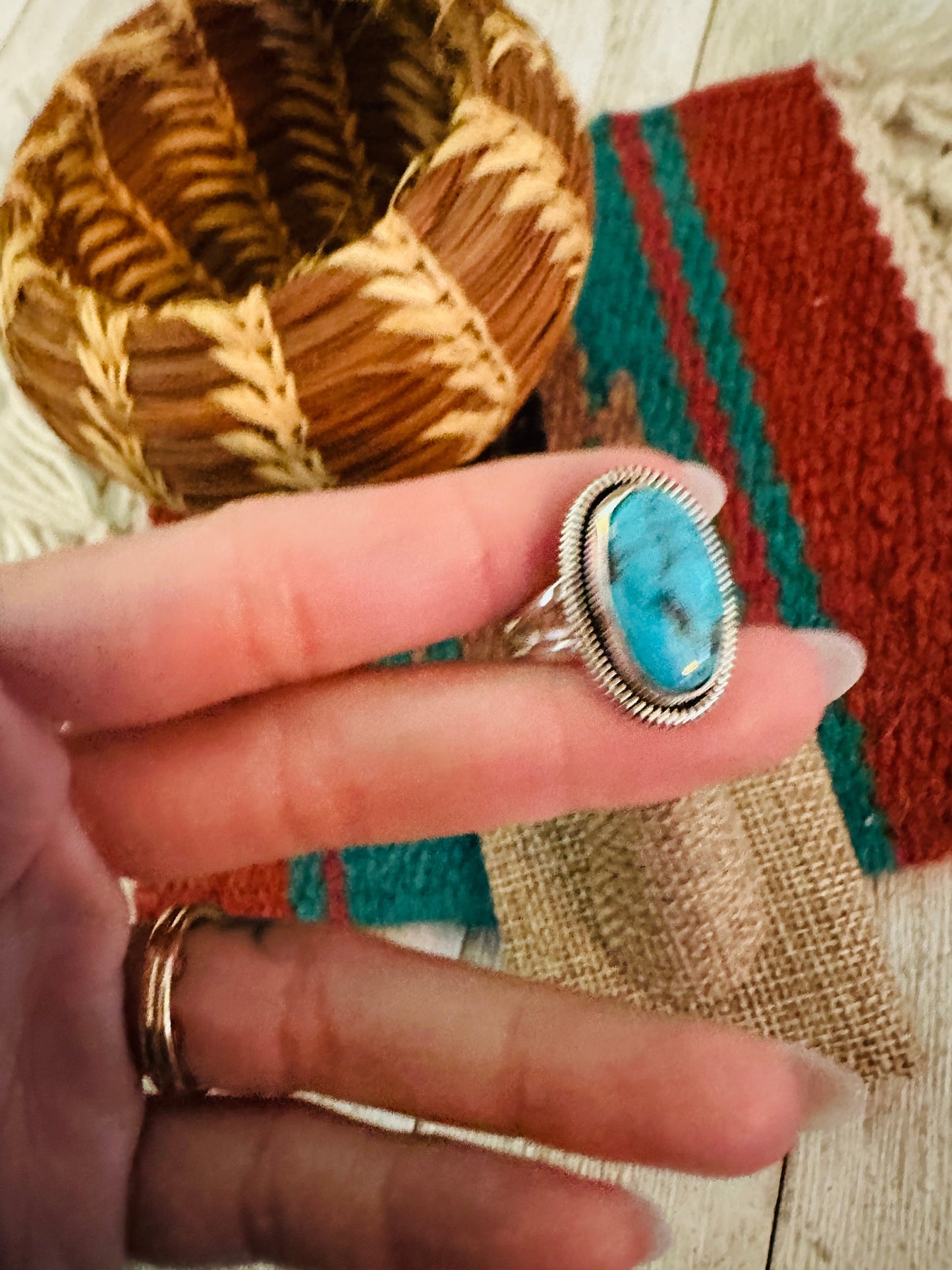 Handcrafted Sterling Silver & Turquoise Ring Size 7.25