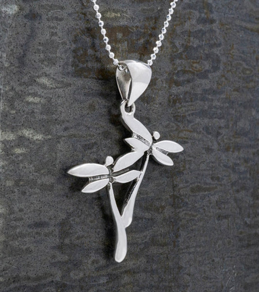 Double Dragonfly Sterling Silver Pendant Necklace