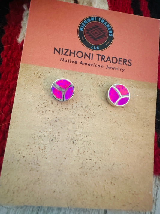 Handcrafted Pink Opal & Sterling Silver Inlay Stud Earrings