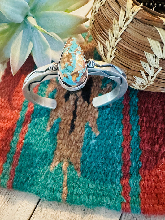 Handcrafted Sterling Silver & Number 8 Turquoise Cuff Bracelet Signed
