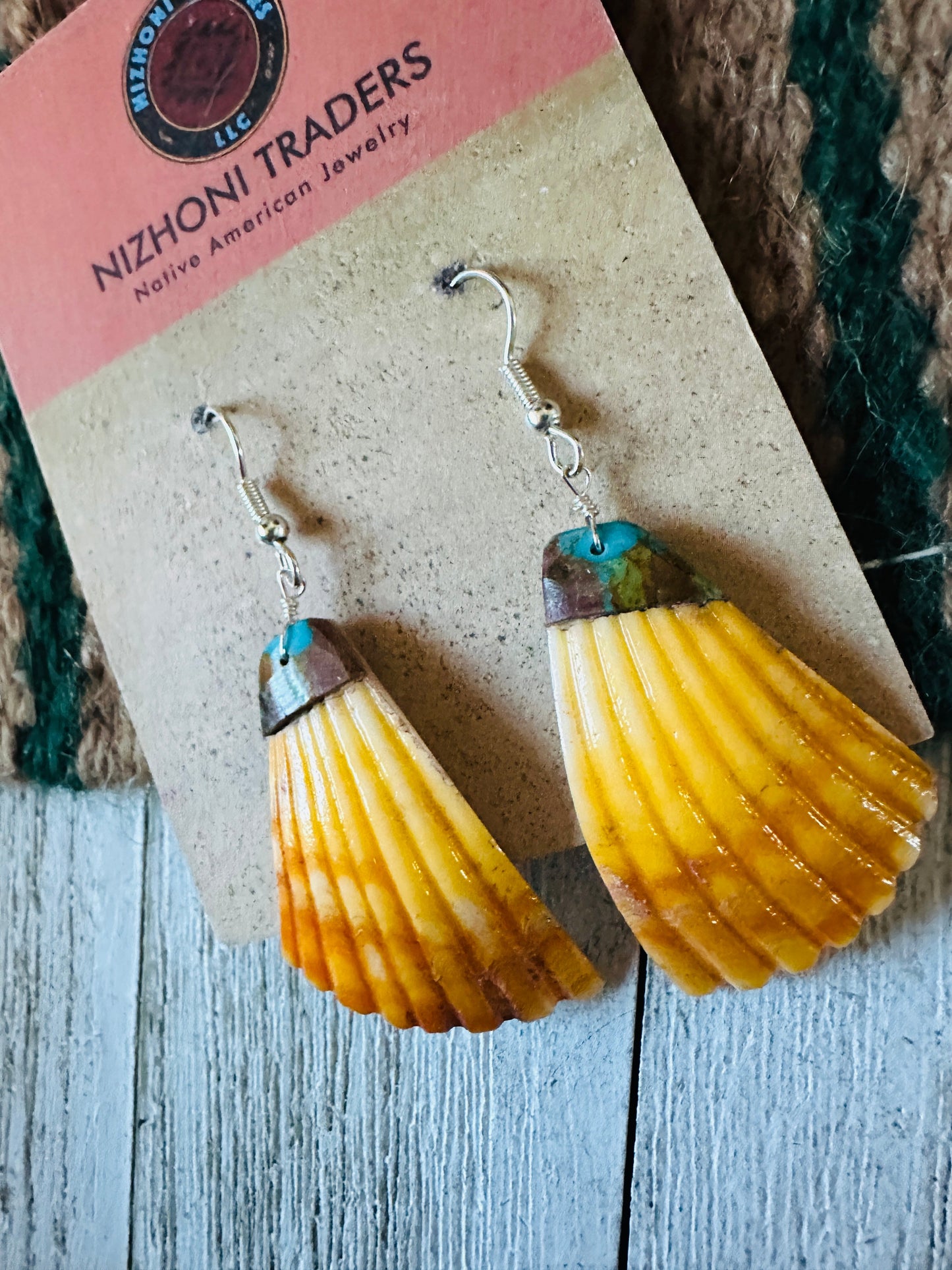 Handcrafted Shell & Turquoise Feather Dangle Earrings