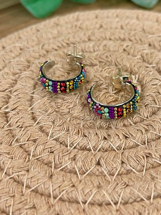 Handmade In Mexico Sterling Silver , Multi Color Swarovski Crsytal Hoop Earrings